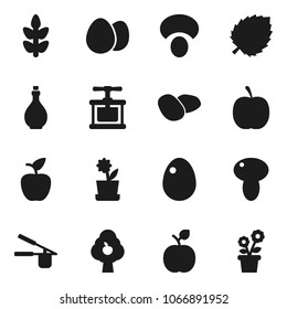 Flat vector icon set - oil vector, cook press, egg, mushroom, potato, apple fruit, leaf, diet, cereals, tree, flower in pot