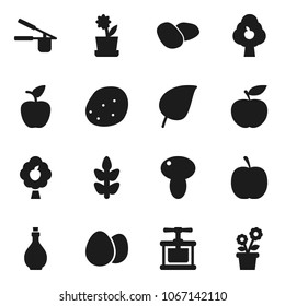 Flat vector icon set - oil vector, cook press, egg, mushroom, potato, apple fruit, leaf, diet, cereals, tree, flower in pot