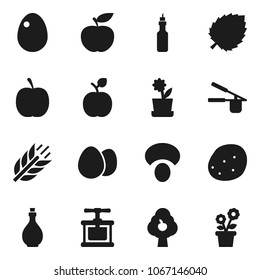 Flat vector icon set - oil vector, cook press, egg, mushroom, potato, apple fruit, leaf, diet, cereals, tree, flower in pot