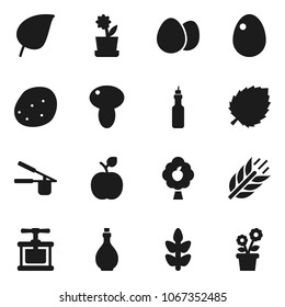 Flat vector icon set - oil vector, cook press, egg, mushroom, potato, apple fruit, leaf, cereals, tree, flower in pot