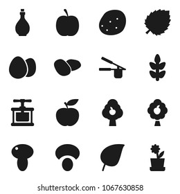 Flat vector icon set - oil vector, cook press, egg, mushroom, potato, leaf, diet, cereals, fruit tree, flower in pot
