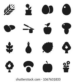 Flat vector icon set - oil vector, cook press, egg, mushroom, potato, apple fruit, leaf, diet, cereals, tree, flower in pot