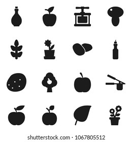 Flat vector icon set - oil vector, cook press, mushroom, potato, apple fruit, leaf, diet, cereals, tree, flower in pot