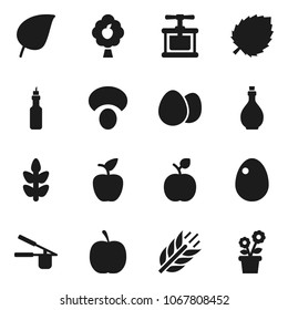Flat vector icon set - oil vector, cook press, egg, mushroom, apple fruit, leaf, diet, cereals, tree, flower in pot