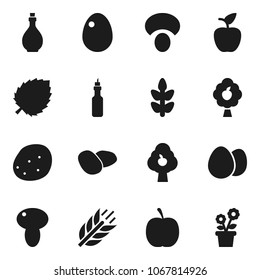 Flat vector icon set - oil vector, egg, mushroom, potato, apple fruit, leaf, diet, cereals, tree, flower in pot
