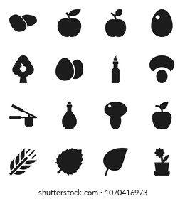 Flat vector icon set - oil vector, cook press, egg, mushroom, potato, apple fruit, leaf, diet, cereals, tree, flower in pot