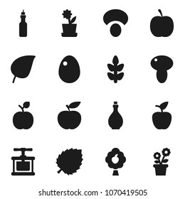 Flat vector icon set - oil vector, cook press, egg, mushroom, apple fruit, leaf, diet, cereals, tree, flower in pot
