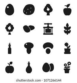 Flat vector icon set - oil vector, cook press, egg, mushroom, potato, apple fruit, cereals, tree, flower in pot