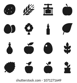 Flat vector icon set - oil vector, cook press, egg, potato, apple fruit, leaf, diet, cereals, tree, flower in pot