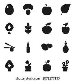 Flat vector icon set - oil vector, cook press, egg, mushroom, potato, apple fruit, leaf, diet, cereals, tree, flower in pot