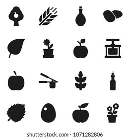 Flat vector icon set - oil vector, cook press, egg, potato, apple fruit, leaf, diet, cereals, tree, flower in pot