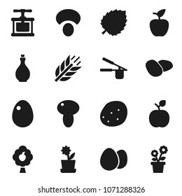 Flat vector icon set - oil vector, cook press, egg, mushroom, potato, apple fruit, leaf, cereals, tree, flower in pot