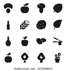 Flat vector icon set - oil vector, cook press, mushroom, potato, apple fruit, leaf, diet, cereals, tree, flower in pot