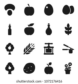 Flat vector icon set - oil vector, cook press, egg, mushroom, potato, apple fruit, diet, cereals, tree, flower in pot