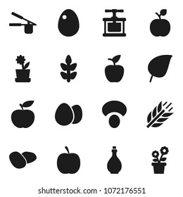 Flat vector icon set - oil vector, cook press, egg, mushroom, potato, apple fruit, leaf, diet, cereals, flower in pot