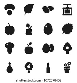 Flat vector icon set - oil vector, cook press, egg, mushroom, potato, apple fruit, leaf, diet, tree, flower in pot