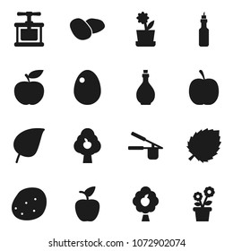 Flat vector icon set - oil vector, cook press, egg, potato, apple fruit, leaf, diet, tree, flower in pot