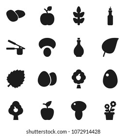 Flat vector icon set - oil vector, cook press, egg, mushroom, potato, apple fruit, leaf, cereals, tree, flower in pot
