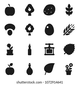 Flat vector icon set - oil vector, cook press, egg, mushroom, potato, apple fruit, leaf, diet, cereals, tree, flower in pot