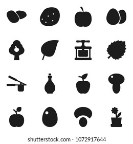 Flat vector icon set - oil vector, cook press, egg, mushroom, potato, apple fruit, leaf, diet, tree, flower in pot