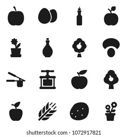 Flat vector icon set - oil vector, cook press, egg, mushroom, potato, apple fruit, diet, cereals, tree, flower in pot