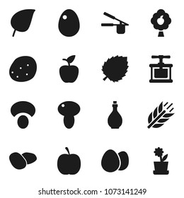 Flat vector icon set - oil vector, cook press, egg, mushroom, potato, apple fruit, leaf, diet, cereals, tree, flower in pot