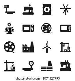 Flat vector icon set - oil barrel vector, big scales, film spool, solar panel, windmill, construction crane, factory, microwave oven, sewing machine