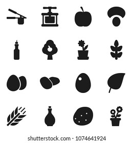 Flat vector icon set - oil vector, cook press, egg, mushroom, potato, leaf, diet, cereals, fruit tree, flower in pot