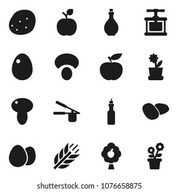 Flat vector icon set - oil vector, cook press, egg, mushroom, potato, apple fruit, diet, cereals, tree, flower in pot