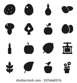 Flat vector icon set - oil vector, cook press, egg, mushroom, potato, apple fruit, leaf, diet, cereals, tree, flower in pot