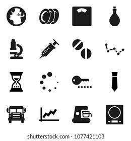 Flat vector icon set - oil vector, plates, microscope, school bus, constellation, graph, sand clock, tie, scales, earth, syringe, pills, loading, password, coffee maker, kitchen