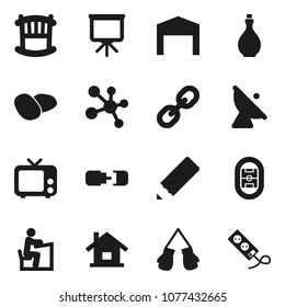 Flat vector icon set - oil vector, potato, pencil, student, presentation, boxing glove, molecule, stadium, satellite antenna, tv, link, connection, house, barn, crib, multi socket