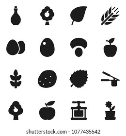 Flat vector icon set - oil vector, cook press, egg, mushroom, potato, apple fruit, leaf, diet, cereals, tree, flower in pot
