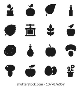 Flat vector icon set - oil vector, cook press, egg, mushroom, potato, apple fruit, leaf, diet, cereals, flower in pot