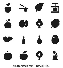 Flat vector icon set - oil vector, cook press, egg, potato, apple fruit, leaf, diet, tree, flower in pot