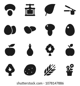 Flat vector icon set - oil vector, cook press, egg, mushroom, potato, apple fruit, leaf, diet, cereals, tree, flower in pot