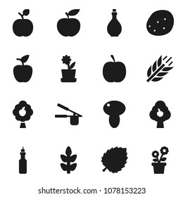 Flat vector icon set - oil vector, cook press, mushroom, potato, apple fruit, leaf, diet, cereals, tree, flower in pot