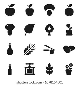 Flat vector icon set - oil vector, cook press, mushroom, potato, apple fruit, leaf, diet, cereals, tree, flower in pot