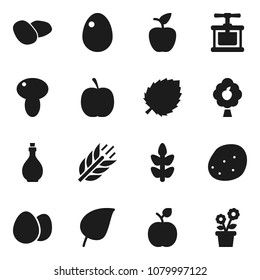 Flat vector icon set - oil vector, cook press, egg, mushroom, potato, apple fruit, leaf, diet, cereals, tree, flower in pot