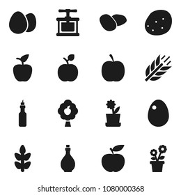 Flat vector icon set - oil vector, cook press, egg, potato, apple fruit, diet, cereals, tree, flower in pot