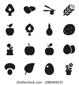 Flat vector icon set - oil vector, cook press, egg, mushroom, potato, apple fruit, leaf, diet, cereals, tree, flower in pot