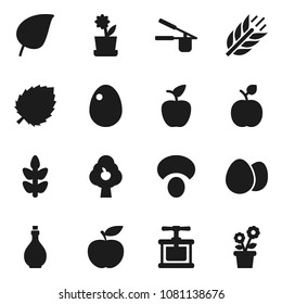 Flat vector icon set - oil vector, cook press, egg, mushroom, apple fruit, leaf, diet, cereals, tree, flower in pot