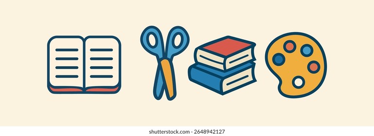 Flat vector icon set of open book, scissors, color palette, and stacked books for creative education, learning visuals, and school supply illustrations