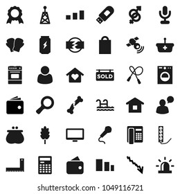 Flat vector icon set - oven vector, cereal, corner ruler, calculator, medal, magnifier, wallet, crisis, jump rope, boxing glove, enegry drink, sorting, antenna, satellitie, microphone, speaking man
