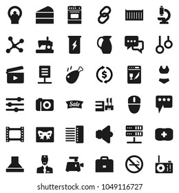 Flat vector icon set - oven vector, jug, cake, chicken leg, case, exchange, swimsuite, enegry drink, no smoking, first aid kit, gymnast rings, sea container, cinema clap, film frame, speaker, dialog