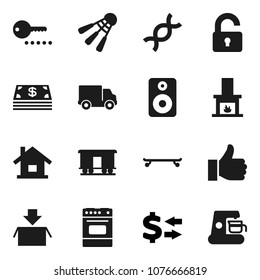 Flat vector icon set - oven vector, exchange, skateboard, shuttlecock, delivery, Railway carriage, speaker, finger up, dna, house, unlock, fireplace, cash, password, package, coffee maker