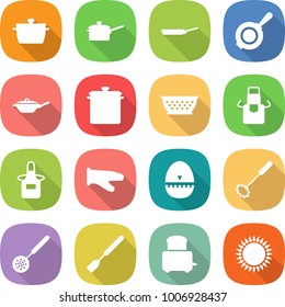 Flat Vector Icon Set - Pan Vector, Saute, Colander, Apron, Cook Glove, Egg Timer, Whisk, Skimmer, Spatula, Toaster, Gas Oven