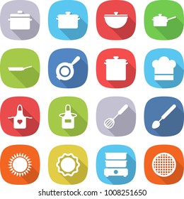 flat vector icon set - pan vector, cauldron, saute, cook hat, apron, whisk, big spoon, gas oven, induction, double boiler, sieve