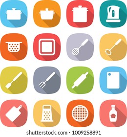 flat vector icon set - pan vector, kettle, colander, cutting board, whisk, spatula, big fork, rolling pin, grater, sieve, ketchup