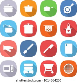 flat vector icon set - pan vector, saute, steam, colander, apron, cook glove, big spoon, chef knife, cutting board, microwave oven, double boiler, bbq, sieve
